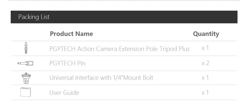 Action Camera Extension Pole Tripod Plus kutu içeriği